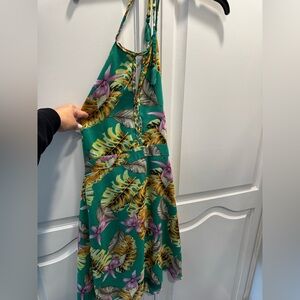 Esley Teal Halter Dress with Tropical Yellow & Green Print